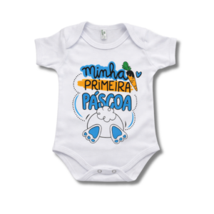 Body Minha Primeira Páscoa Pata Coelho Branco e Azul
